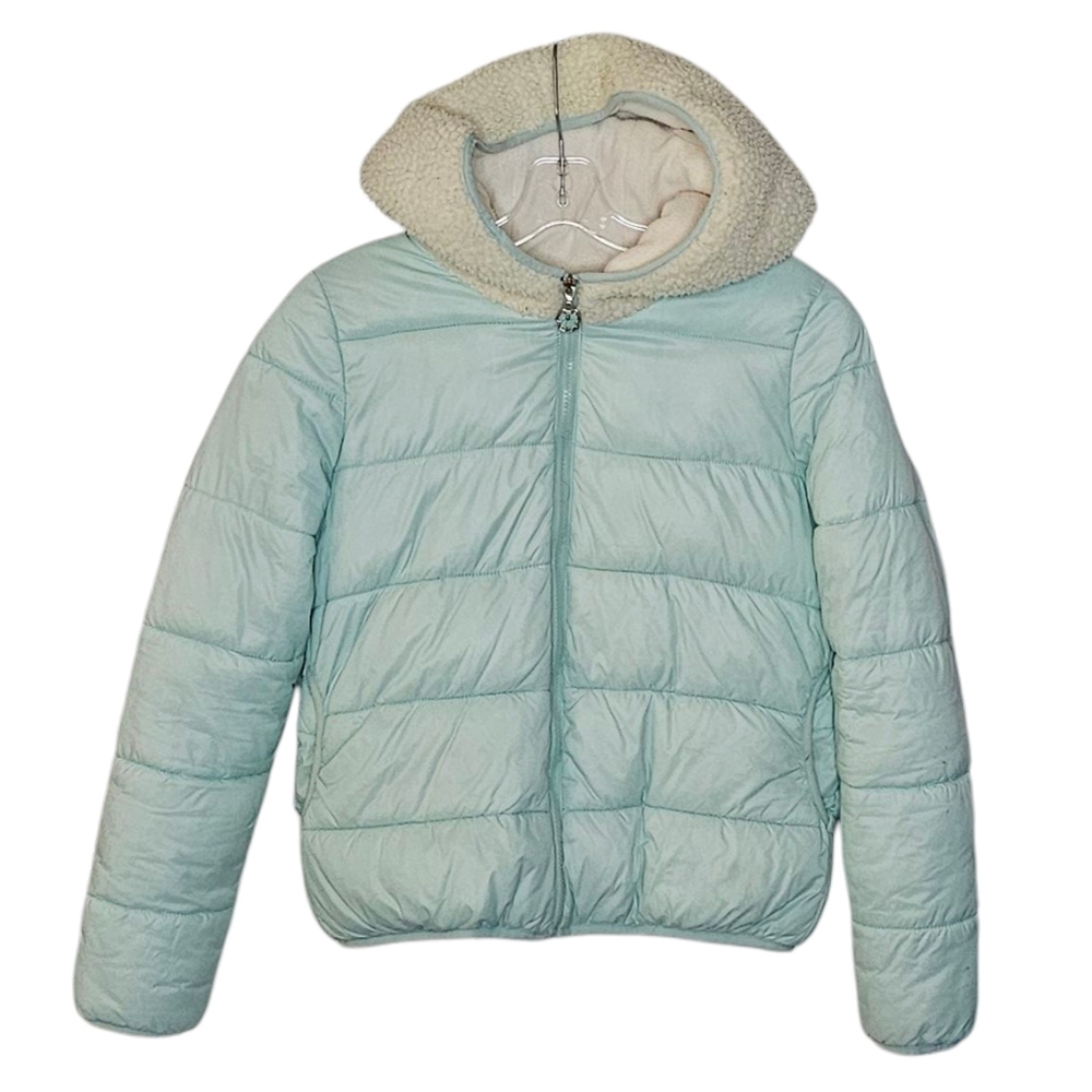 Kuwaii Mint Green Vegan Puffer Jacket with Large Cream Sherpa Hood women's small